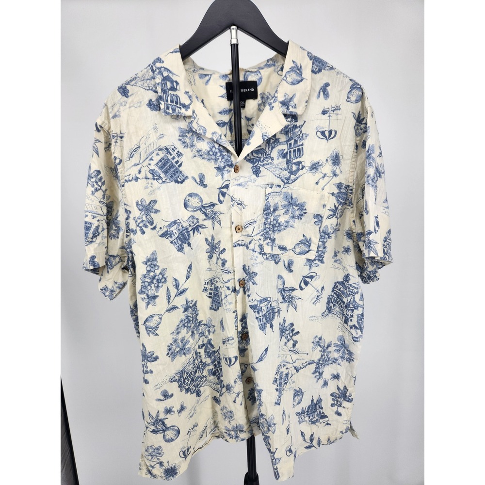 Lucky Brand Mens XXL Blue Cream Toile Scenic Print Linen Blend Camp Shirt